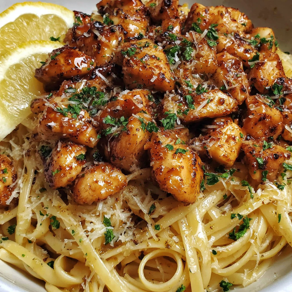 A plate of chicken with garlic and lemon on top.