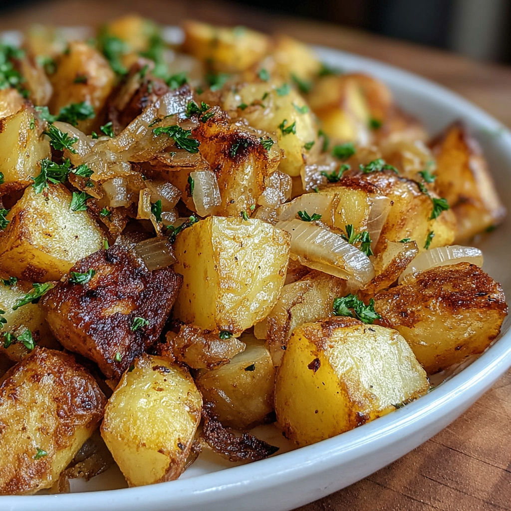 A plate of food with onions and potatoes.