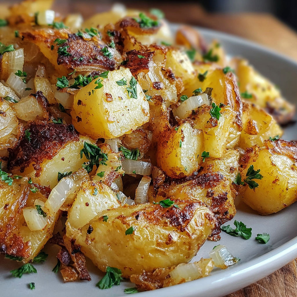 A plate of food with onions and potatoes.
