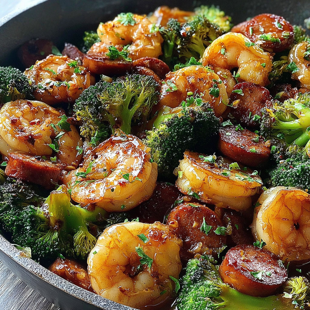 A pan of Honey Garlic Shrimp, Sausage and Broccoli.