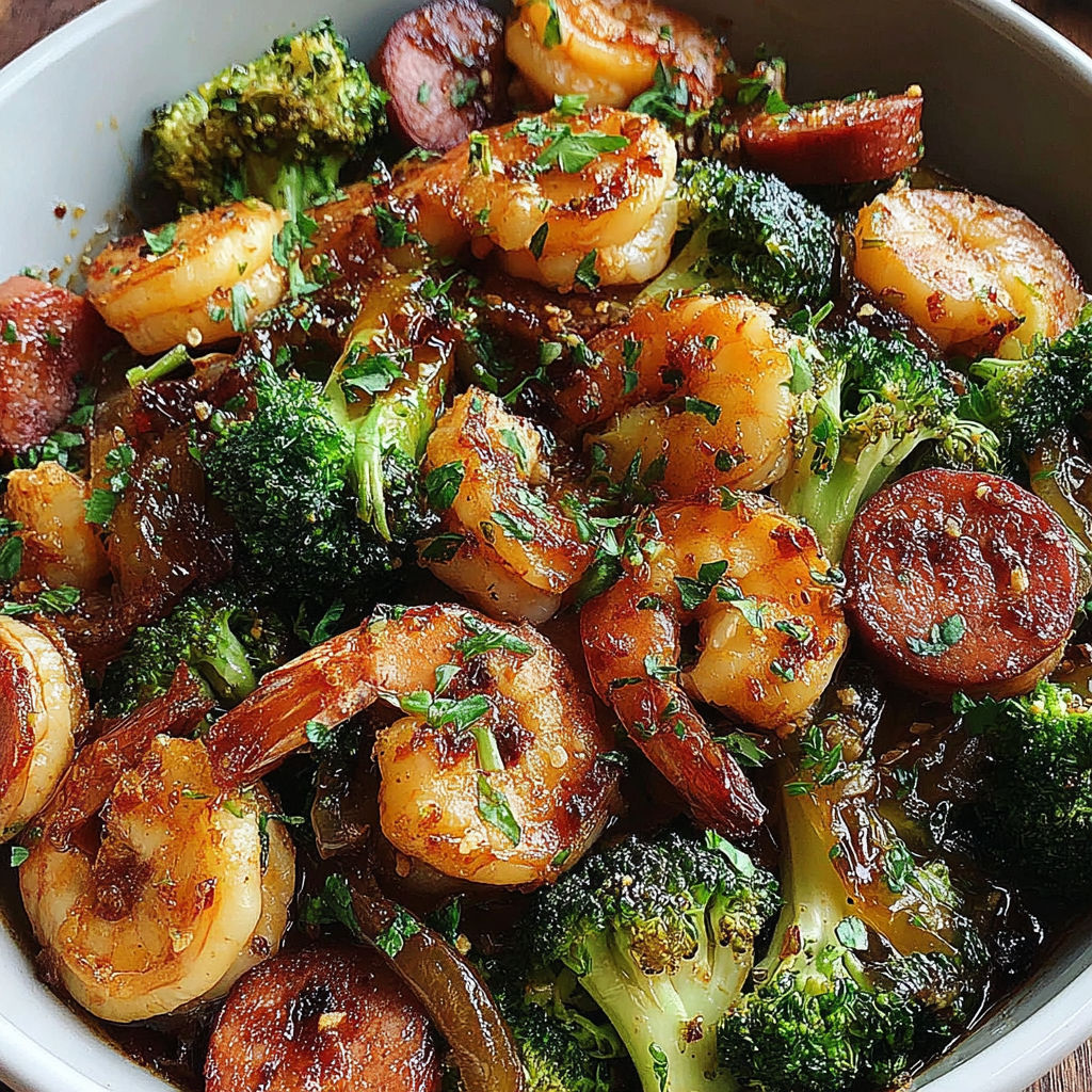 A bowl of shrimp and broccoli.
