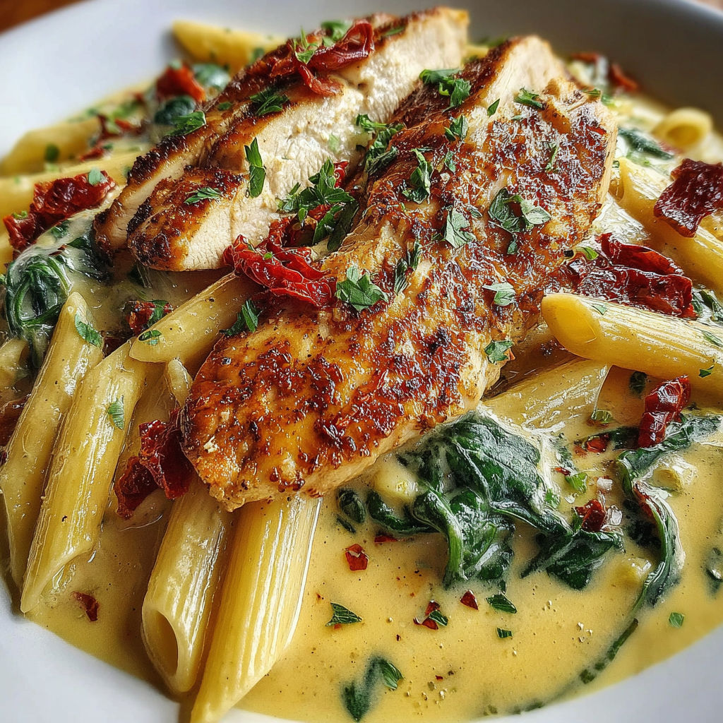 A plate of creamy Tuscan chicken pasta.