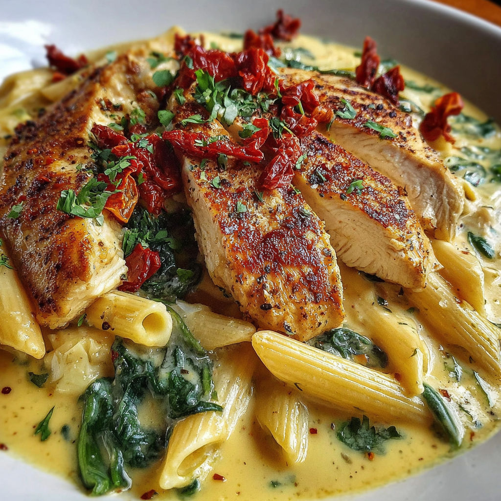 A plate of food with chicken and pasta.