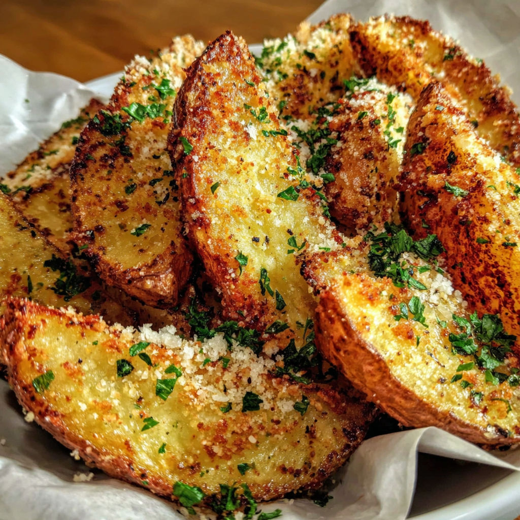 A plate of garlic Parmesan potato wedges.
