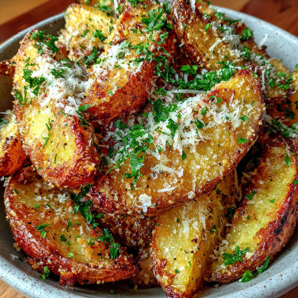 A bowl of garlic Parmesan potato wedges.