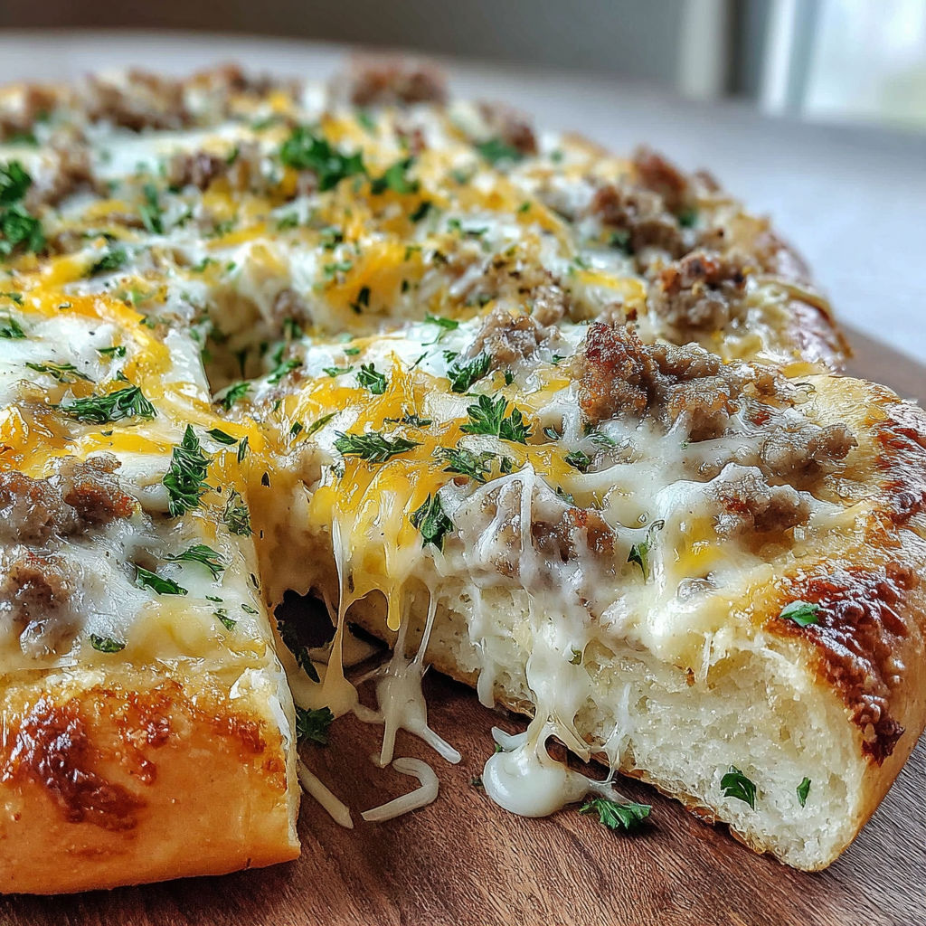 A pizza with cheese and meat on a wooden table.