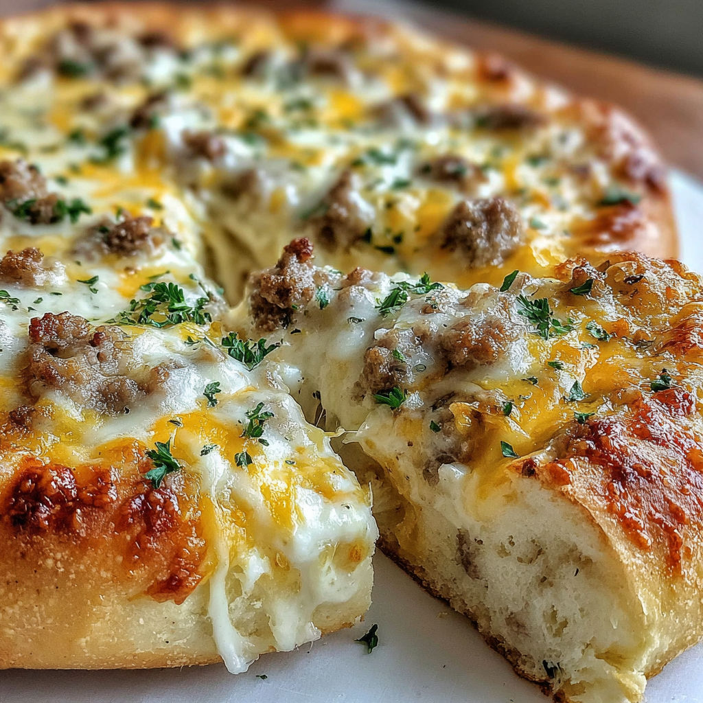 A slice of pizza with cheese and sausage.