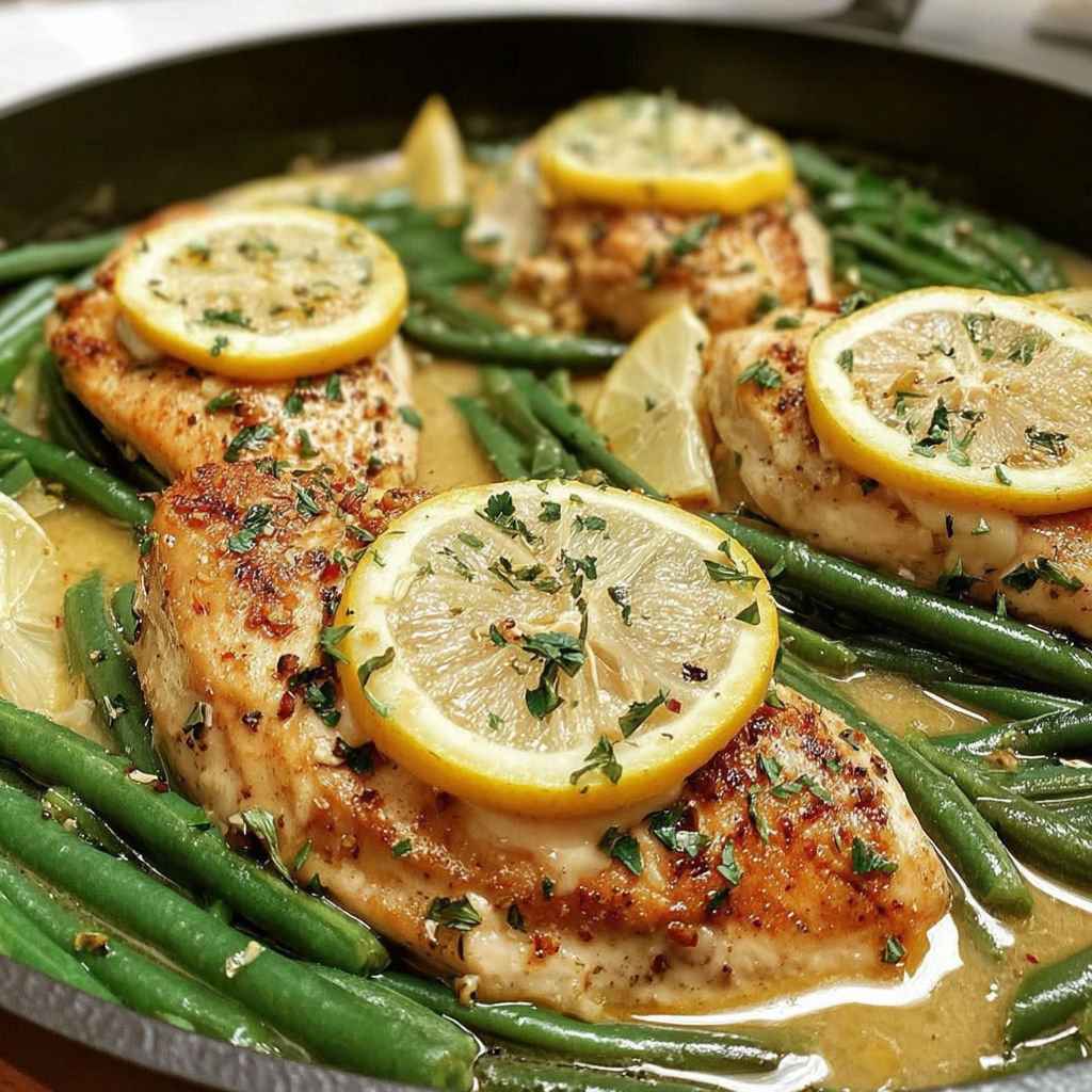 A pan of chicken with lemon and green beans.