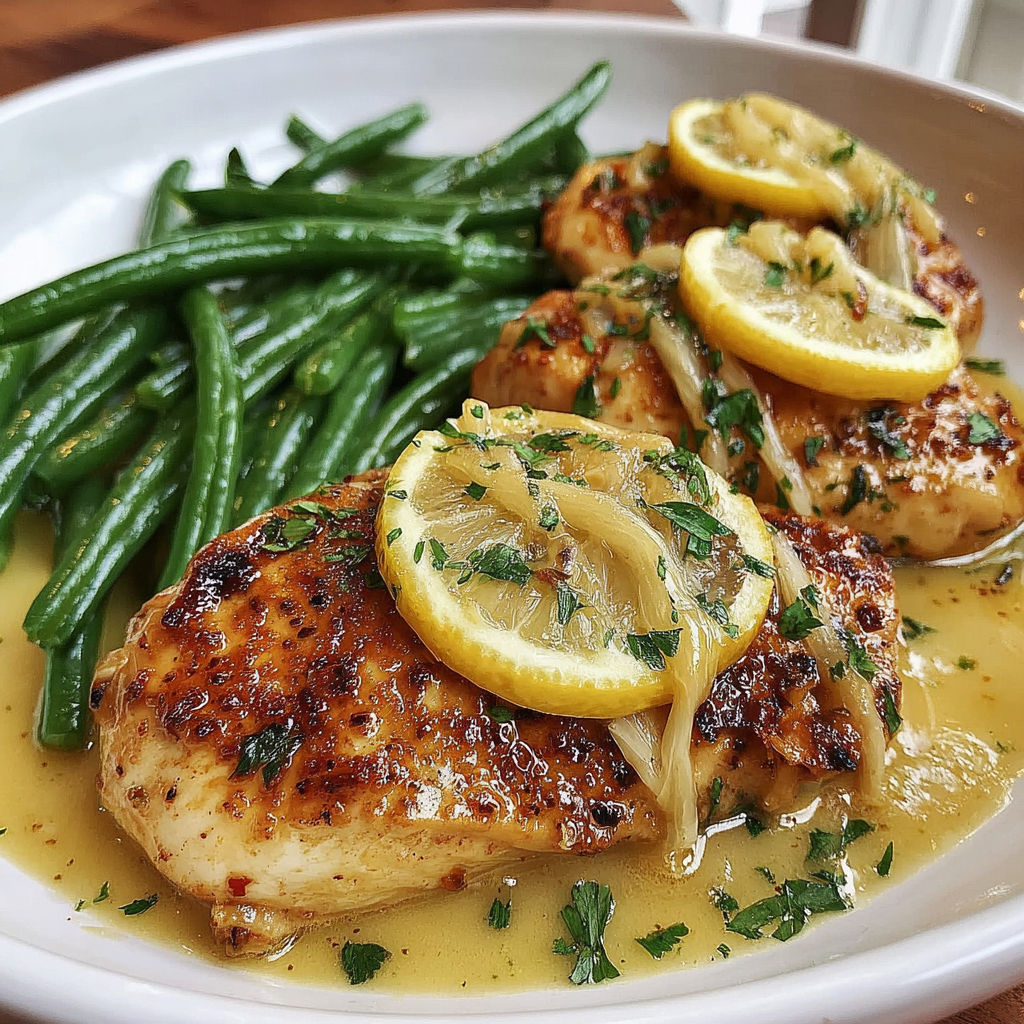 A plate of food with chicken, green beans, and lemon wedges.