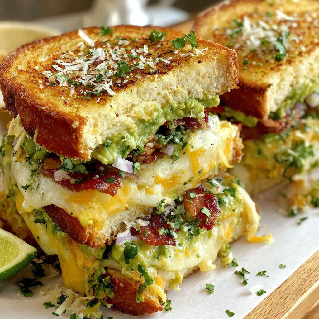 A grilled cheese sandwich with bacon and guacamole.
