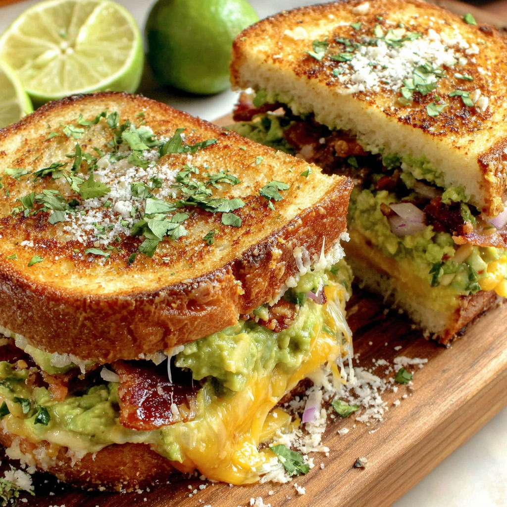 A sandwich with bacon and avocado on a wooden cutting board.