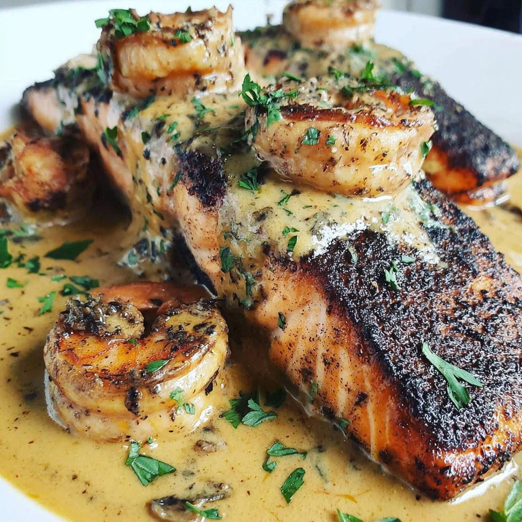 A plate of blackened salmon with shrimp cream sauce.
