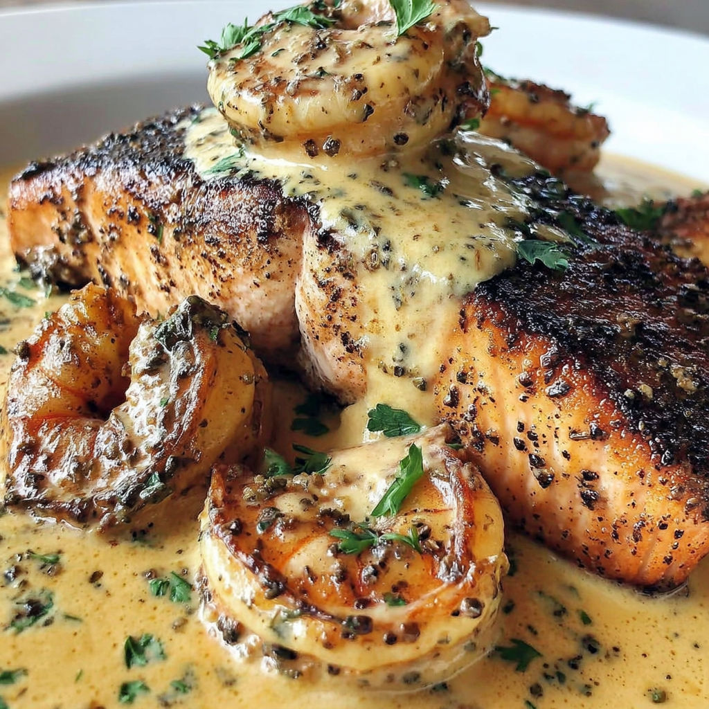A dish of blackened salmon with shrimp cream sauce.