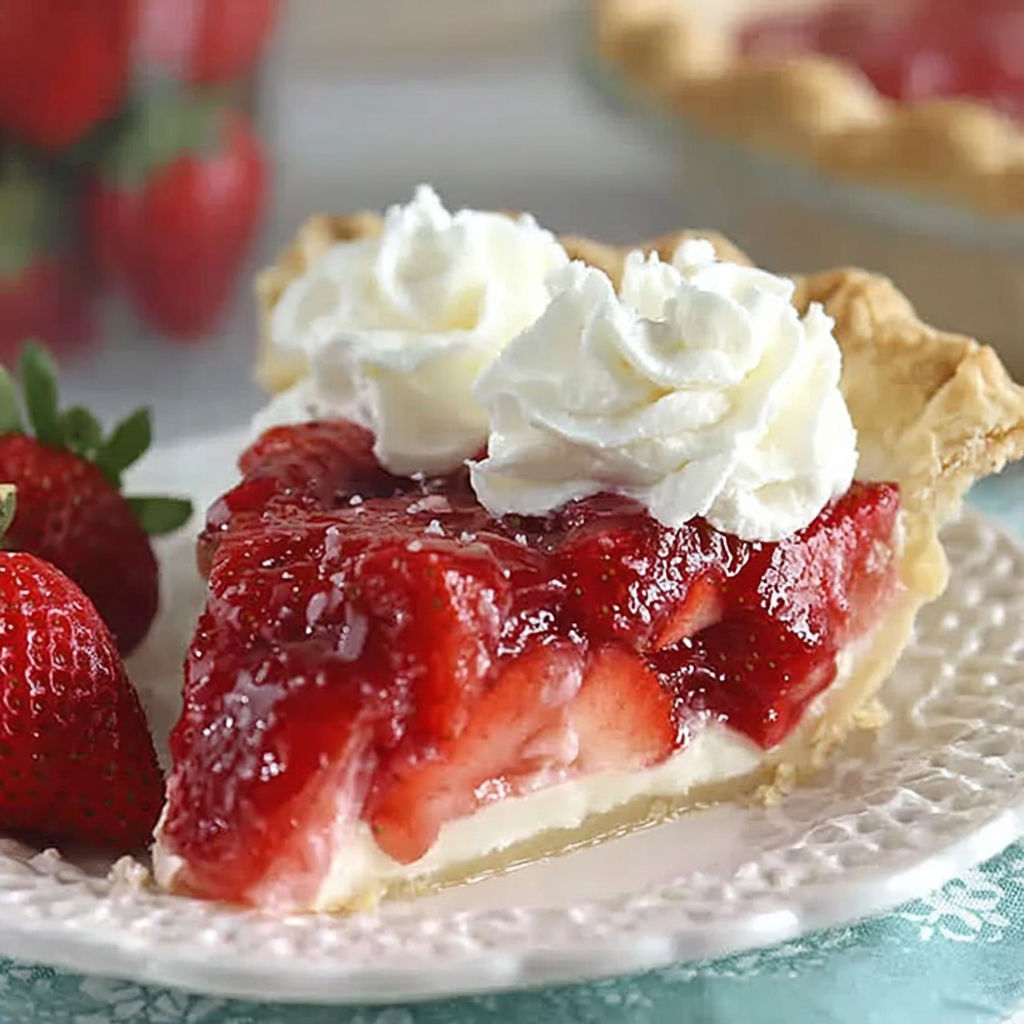 A slice of strawberry cheesecake with whipped cream on top.