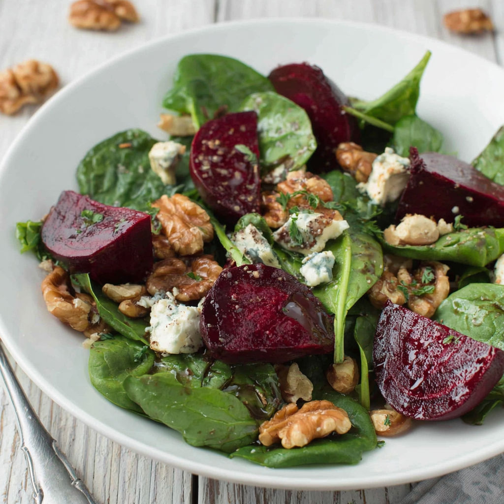 A plate of spinach salad with beets.