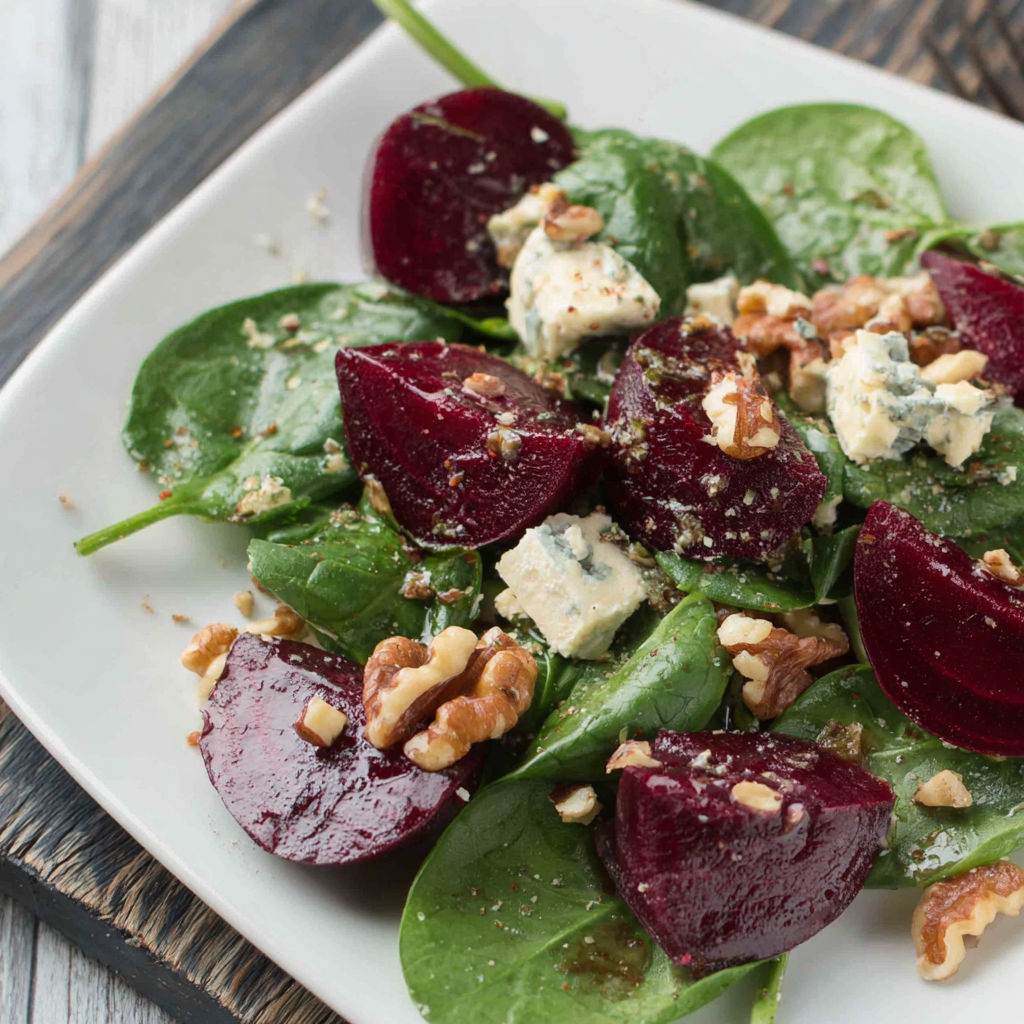 A plate of spinach salad with red beets.