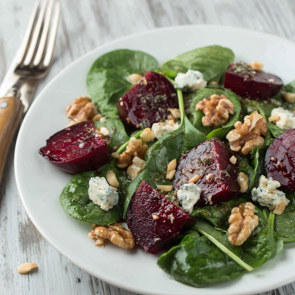 A plate of spinach salad with beets.