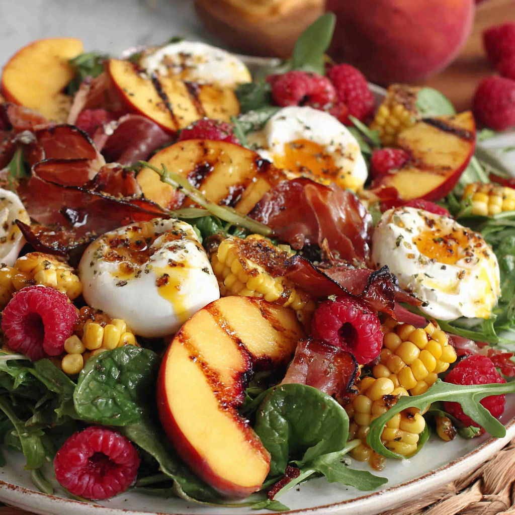 A plate of food with peaches, bacon, and eggs.