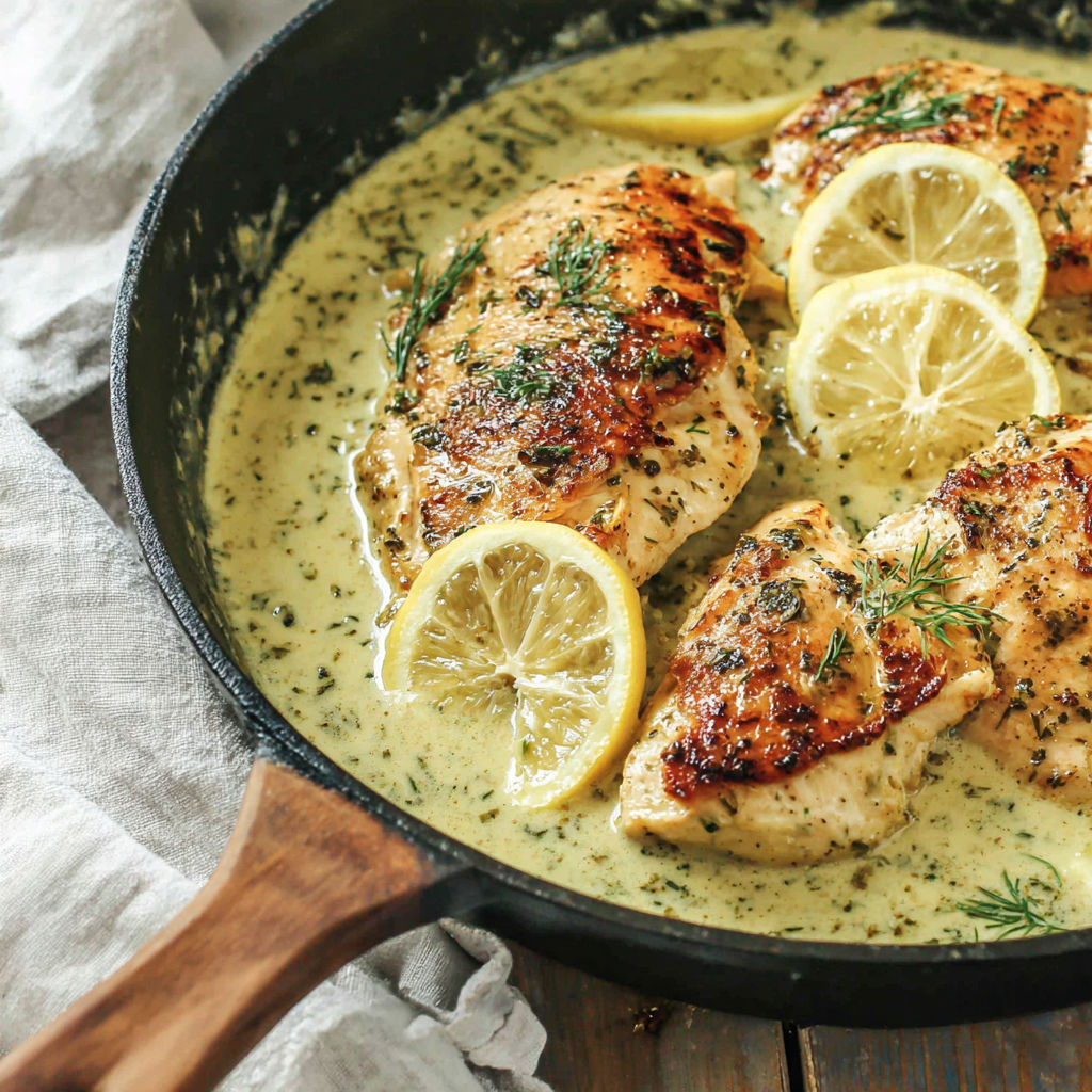A pan of chicken with lemon and herbs.