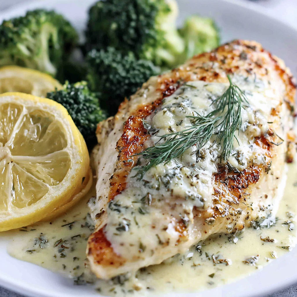 A plate of food with chicken, broccoli, and lemon.