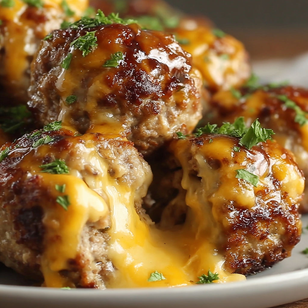 A plate of cheesy meatballs.