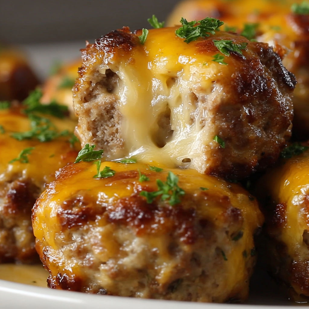A plate of meatballs with cheese on top.
