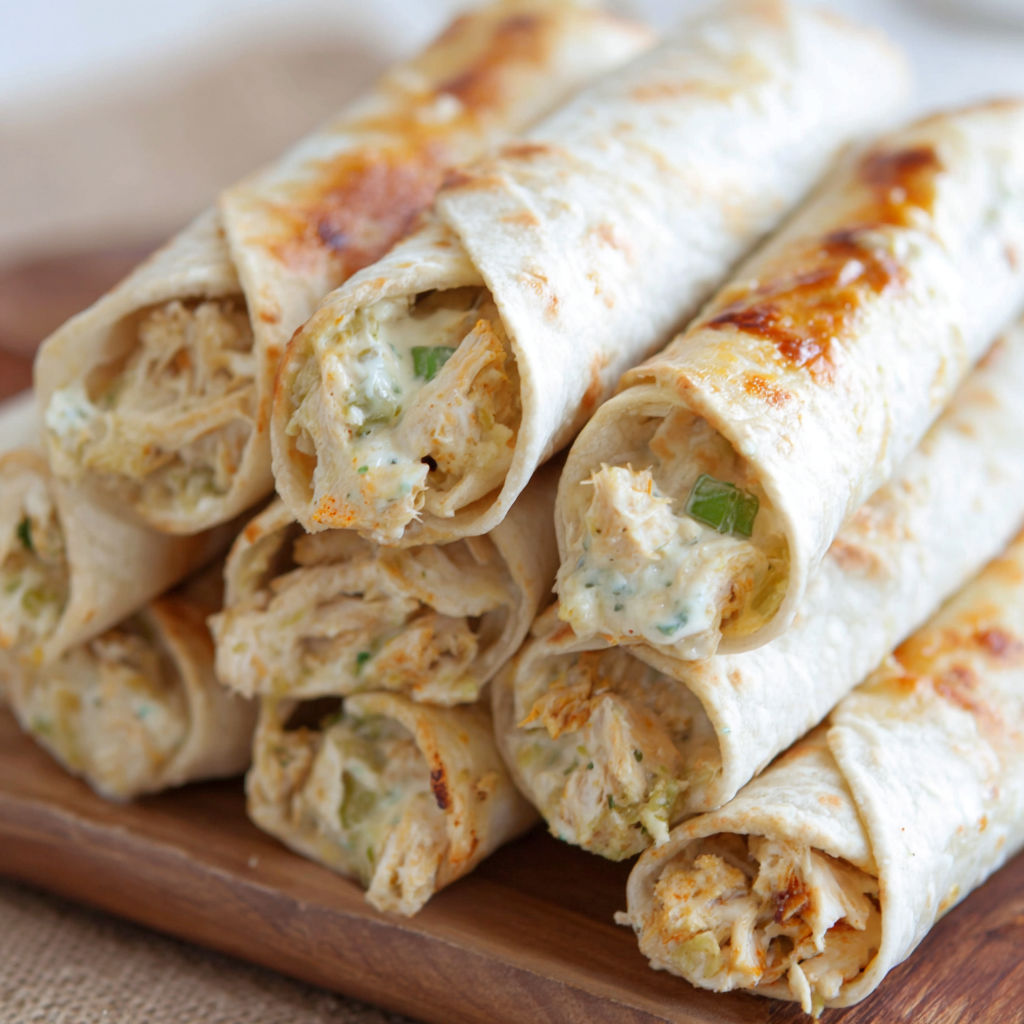 A stack of chicken wraps on a wooden table.