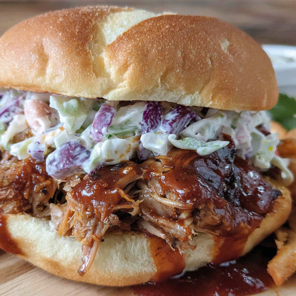 A sandwich with coleslaw and barbecue sauce.