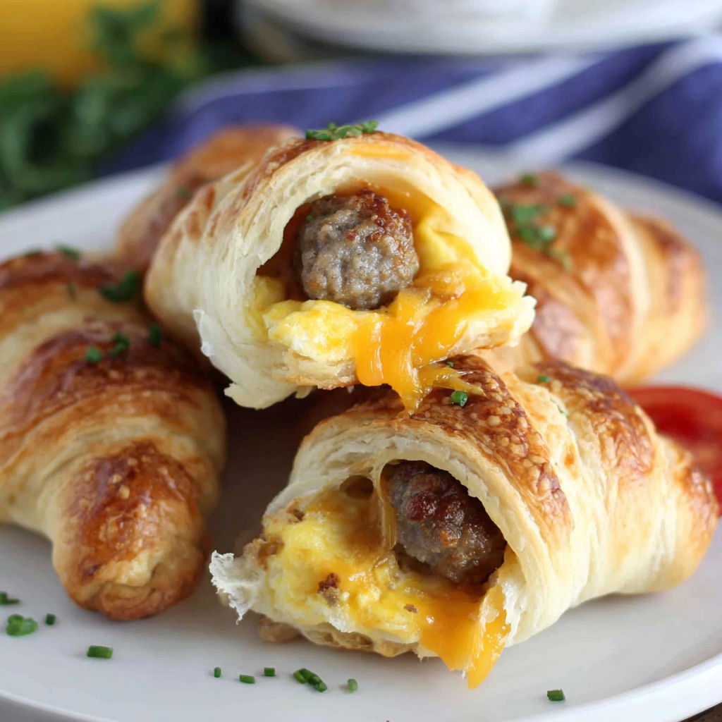 A plate of food with a sausage in a croissant.
