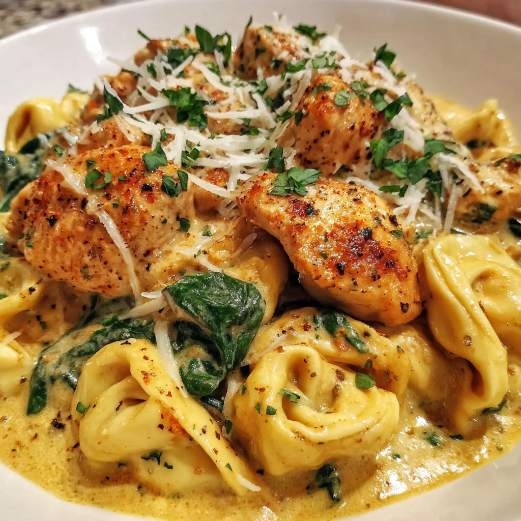 A bowl of pasta with chicken and cheese.