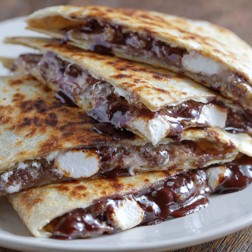 A stack of quesadillas with chocolate sauce on top.