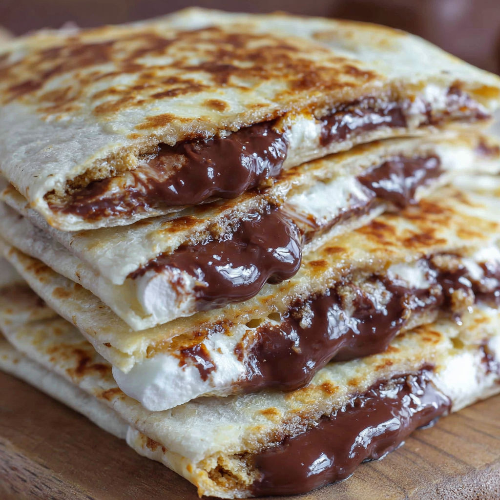 A stack of sandwiches with chocolate sauce on top.