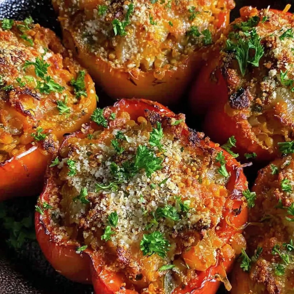 A dish of stuffed peppers with rice and cheese.