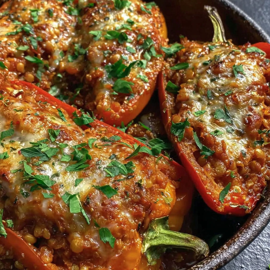 A dish of stuffed peppers with cheese and tomatoes.