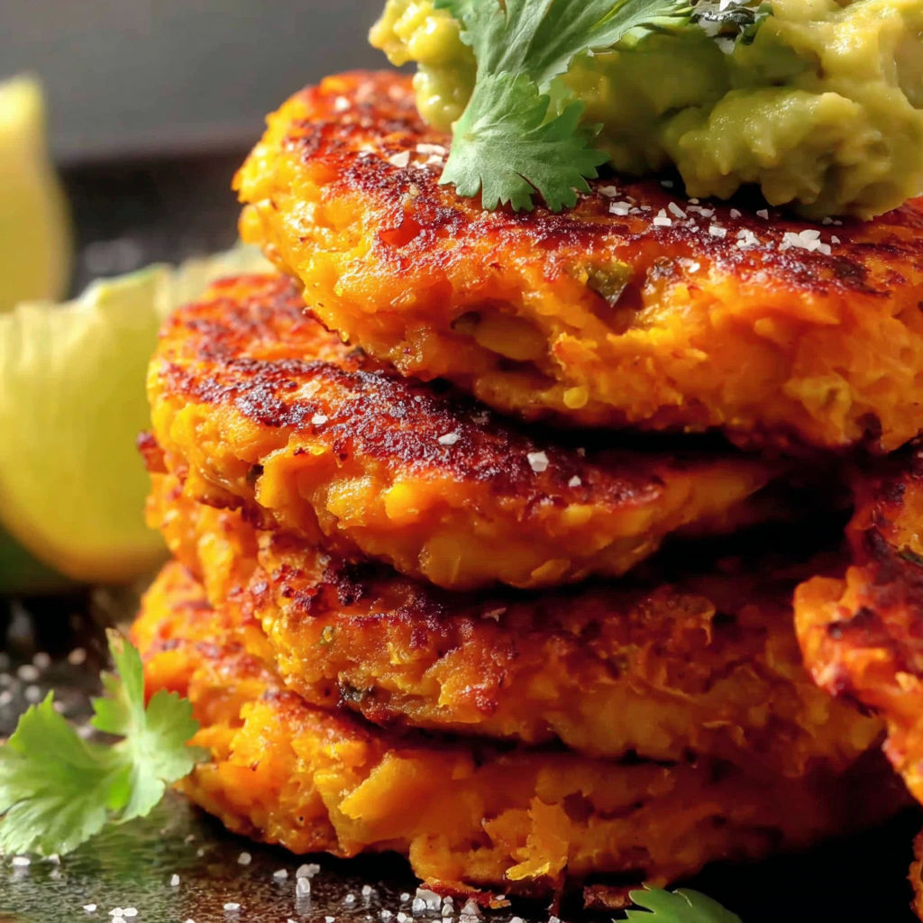 A stack of sweet potato patties with avocado dip.
