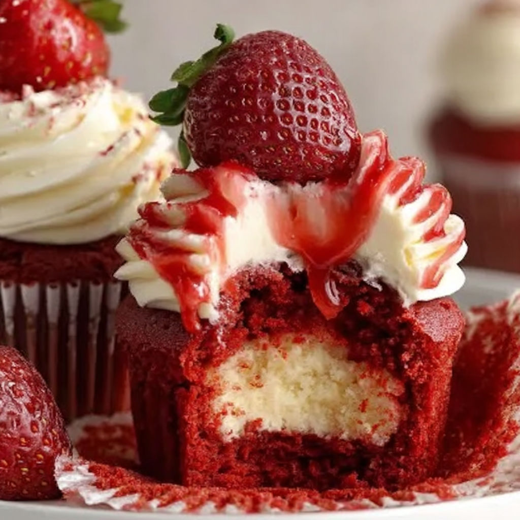 A red velvet cupcake with a strawberry on top.