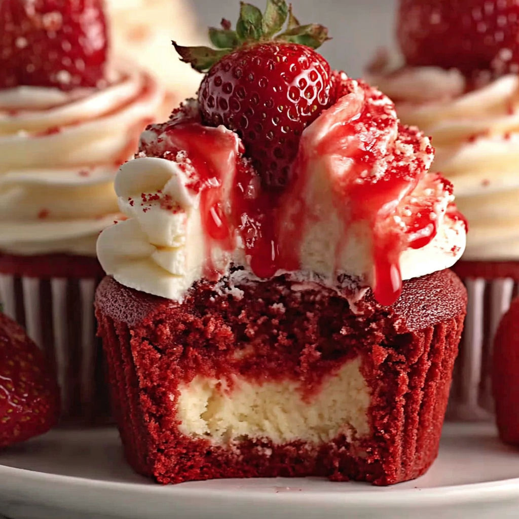 A red velvet cupcake with strawberries on top.
