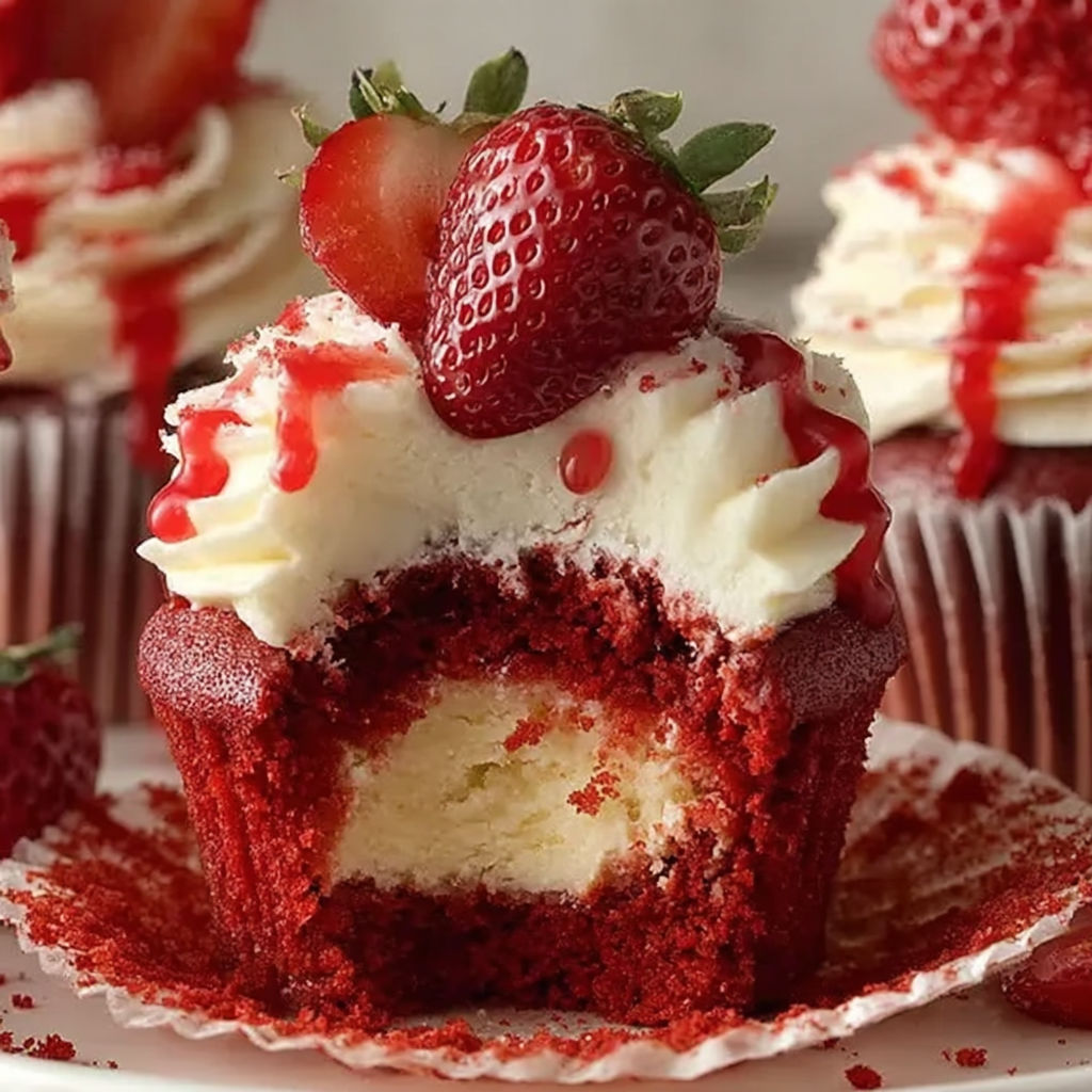 A cupcake with a strawberry on top.