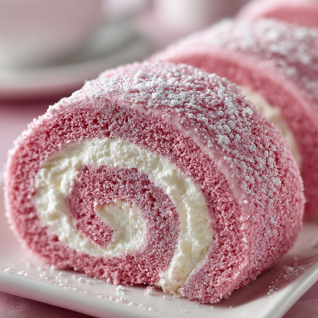 A pink velvet cake roll with cream cheese filling.