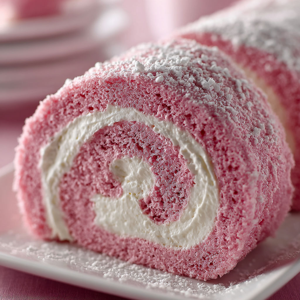 A pink velvet cake roll with cream cheese filling.