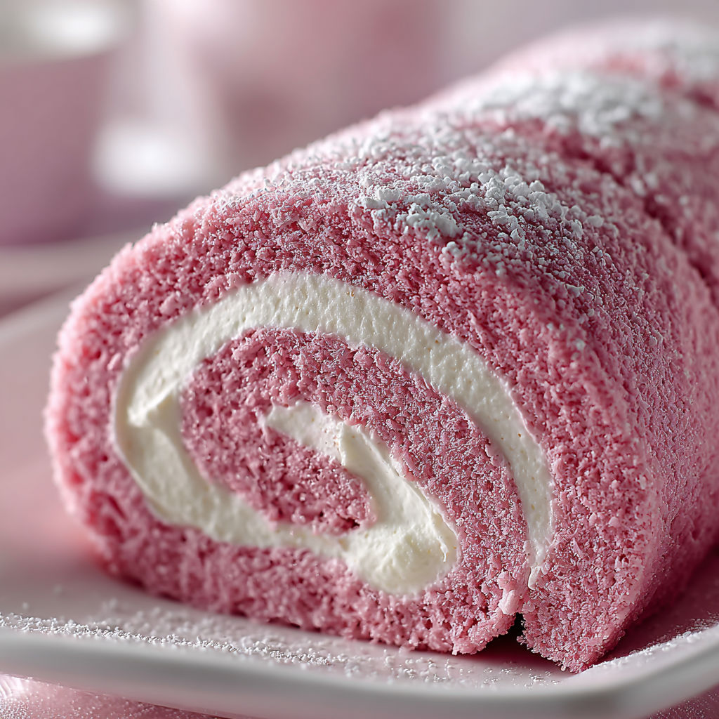 A pink velvet cake roll with cream cheese filling.