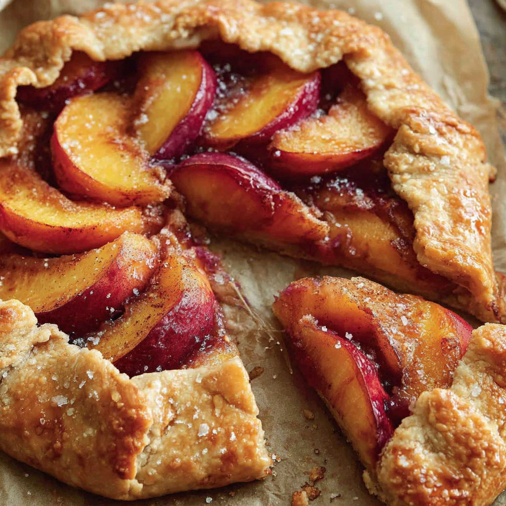 A slice of peach galette with sugar on top.