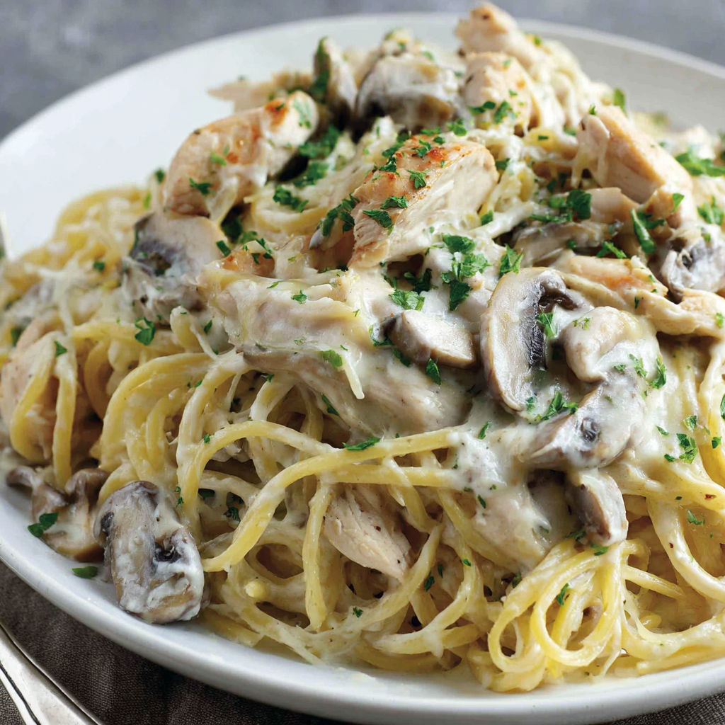 A plate of pasta with chicken and mushrooms.