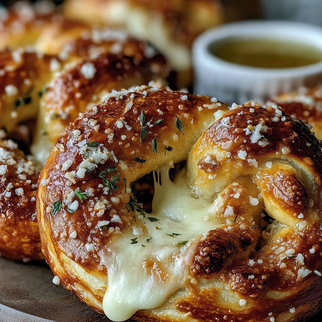 Mozzarella stuffed soft pretzels on a plate.