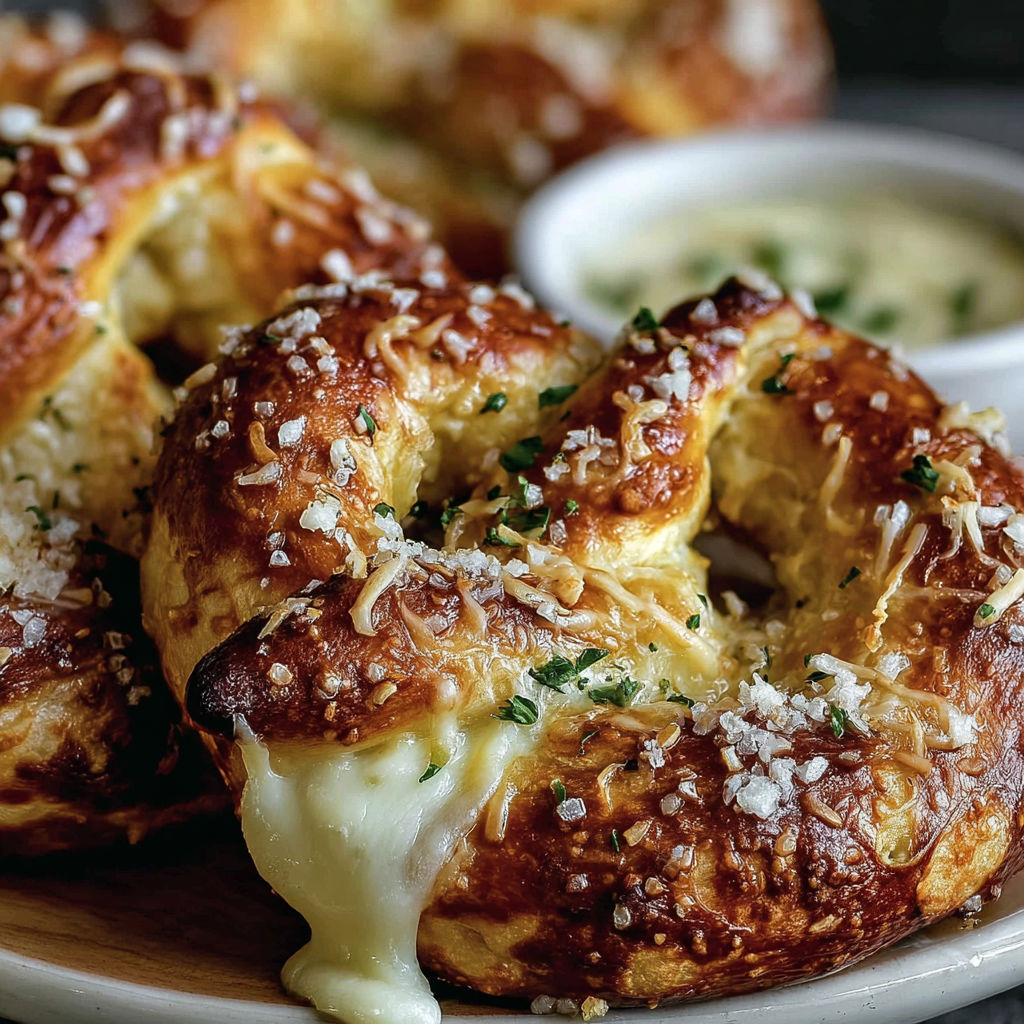 A plate of cheese covered pretzels.