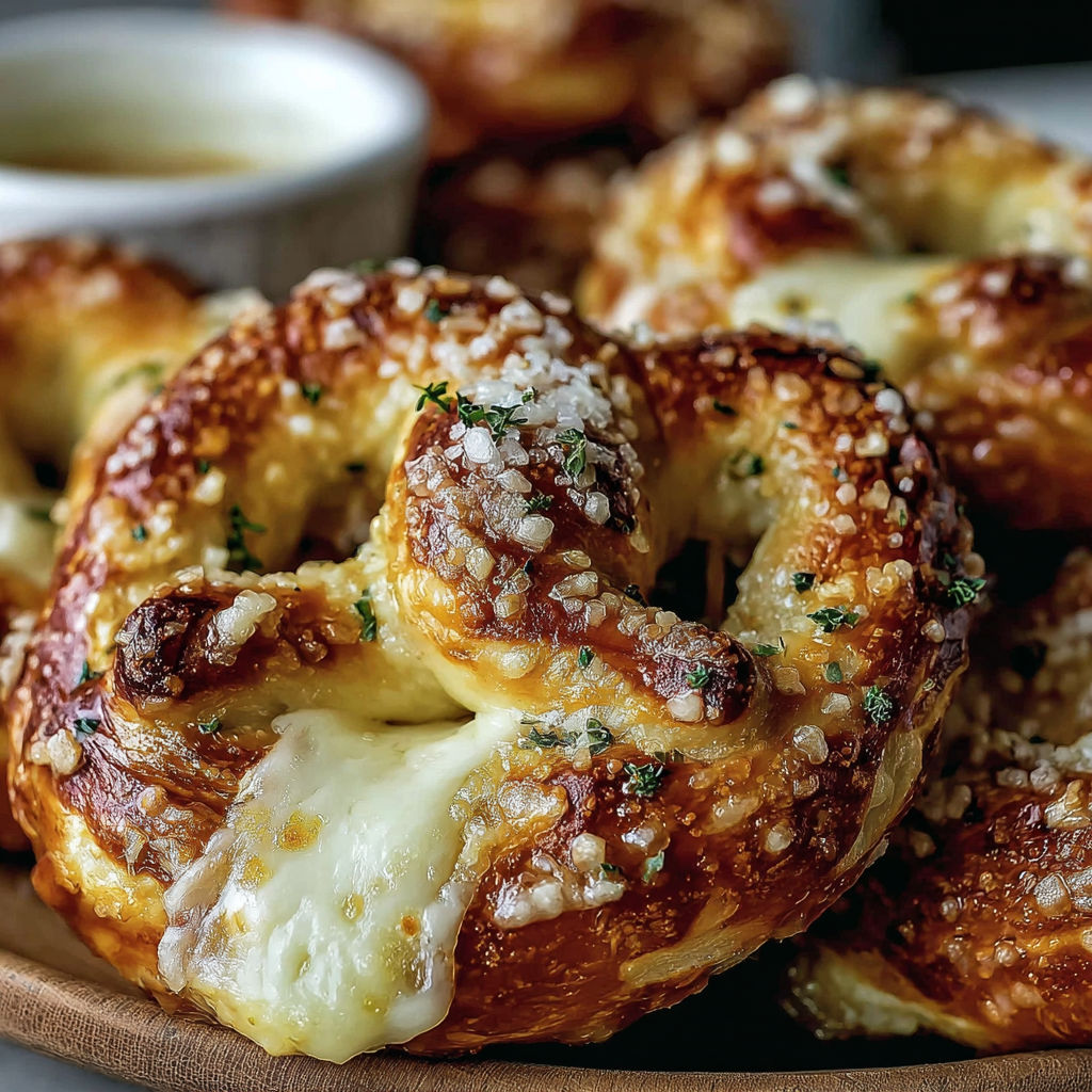 A plate of cheese covered pretzels.