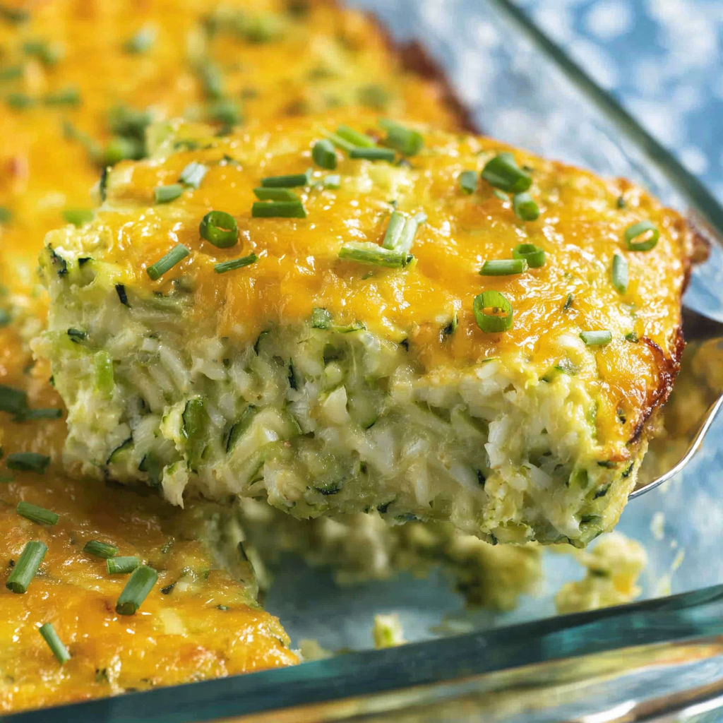 A piece of cheesy zucchini casserole.
