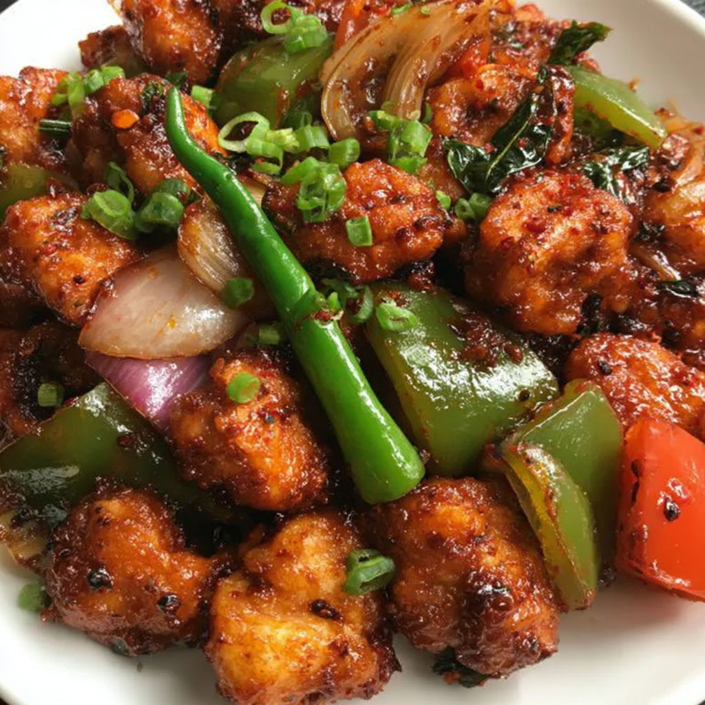A plate of food with chicken, peppers, onions, and tomatoes.