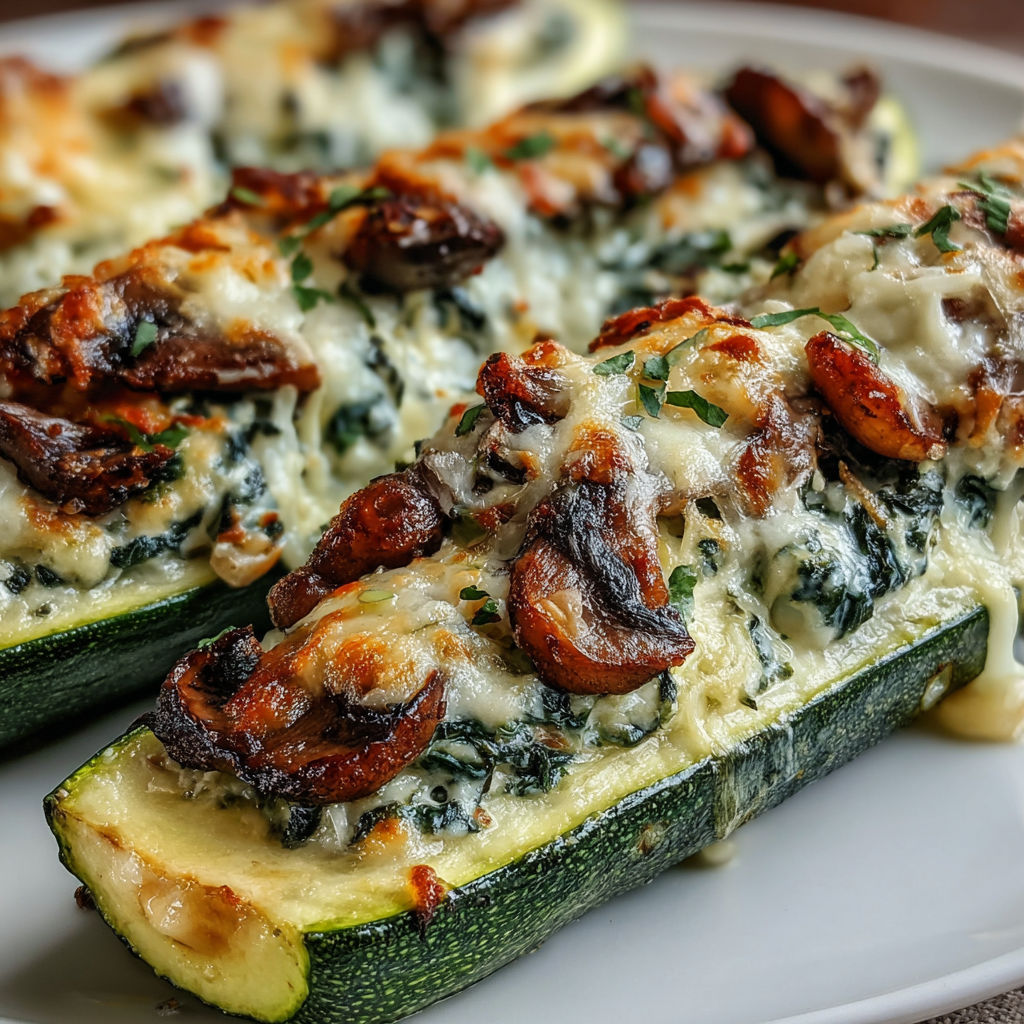 A plate of food with a slice of zucchini and mushrooms.