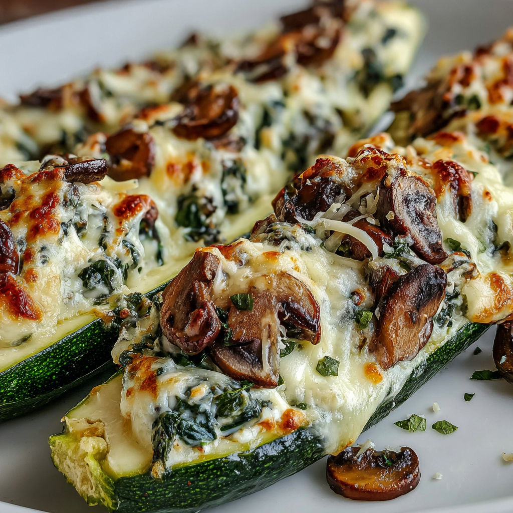 A plate of food with a mushroom and spinach covered zucchini.